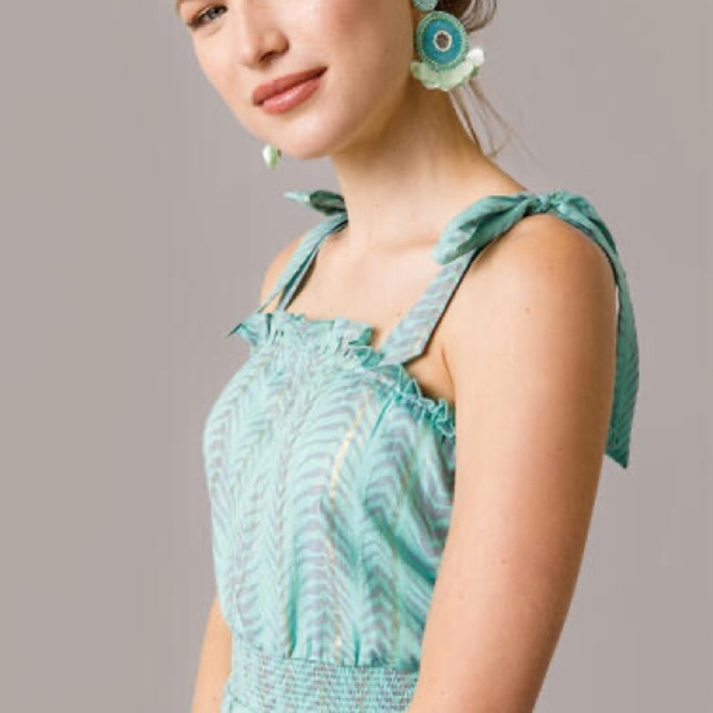 Francesca’s Layla Lurex Mini Dress mint and gold shoulder ties size small - Picture 3 of 10